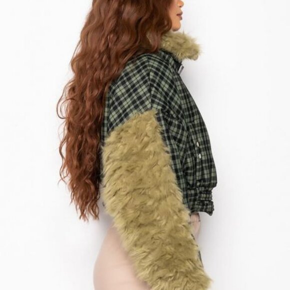 BAD TO  PLAID FAUX FUR TRIM PUFFER  ( BRAND NEW !!!! ) - Picture 2 of 10